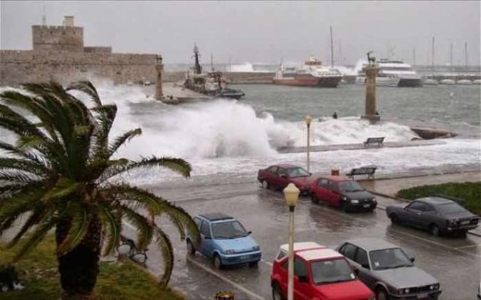 Waves at Mandraki harbourfront of Rhodes Town
