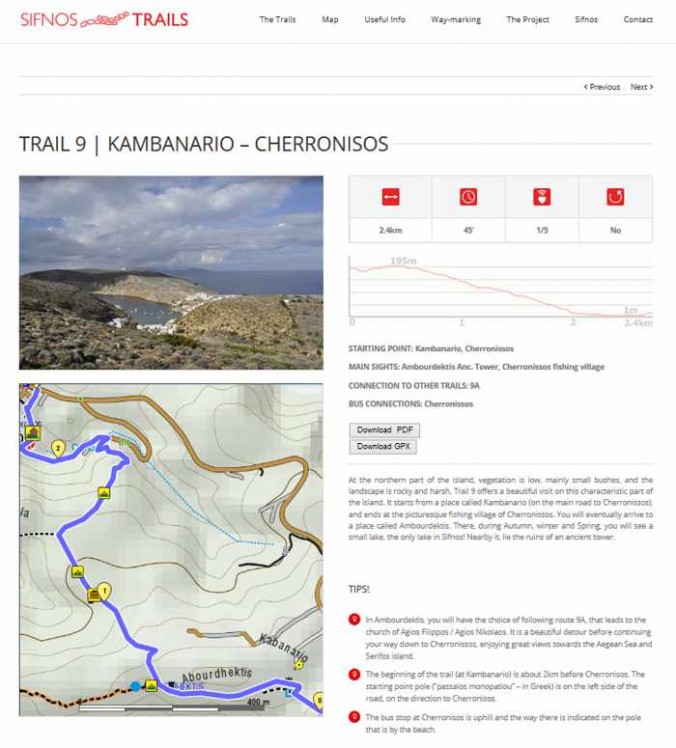 Sifnos Trails information page for one of the 19 walking routes