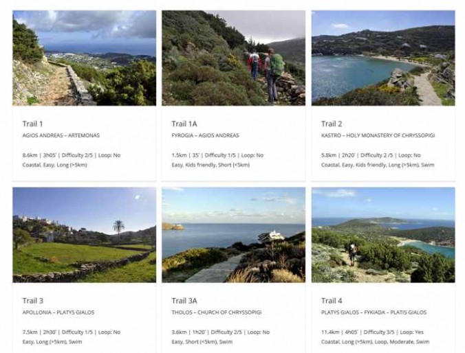 screenshot of trail directory on Sifnos Trails website