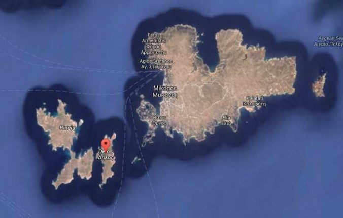 Google map showing Delos location between Rinia and Mykonos islands
