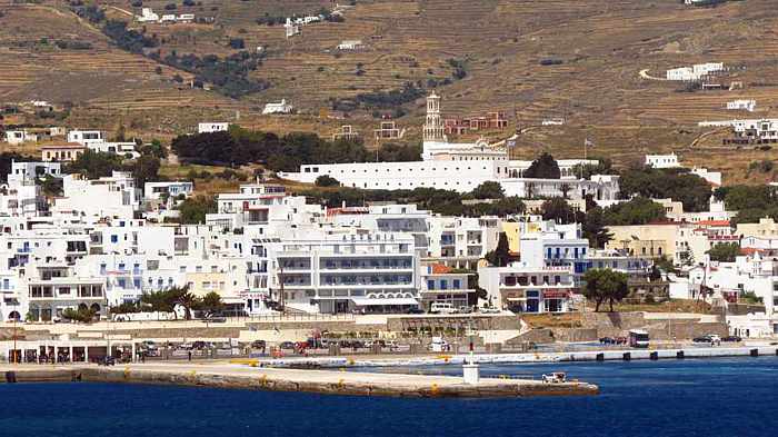 Tinos Town viewed from a departing ferry