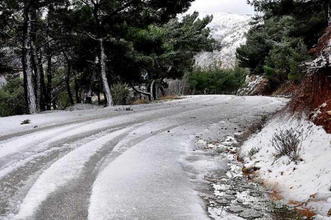 a snowy road on Chios island