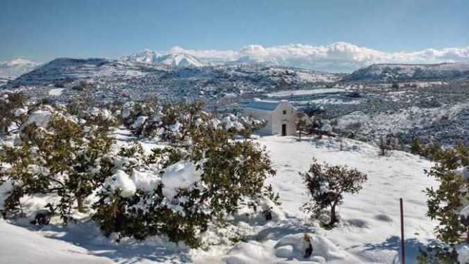 Snow in the countryside near Heraklion Crete