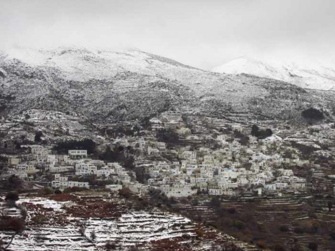 snow at Koronida village on Naxos