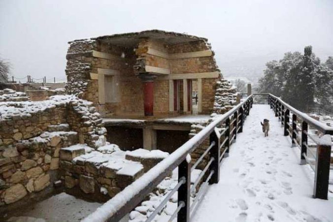 Snow at Knossos Palace on Crete