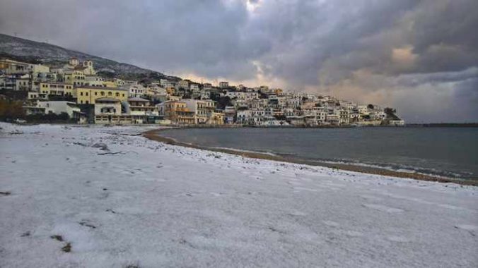 Snow at Batsi village Andros