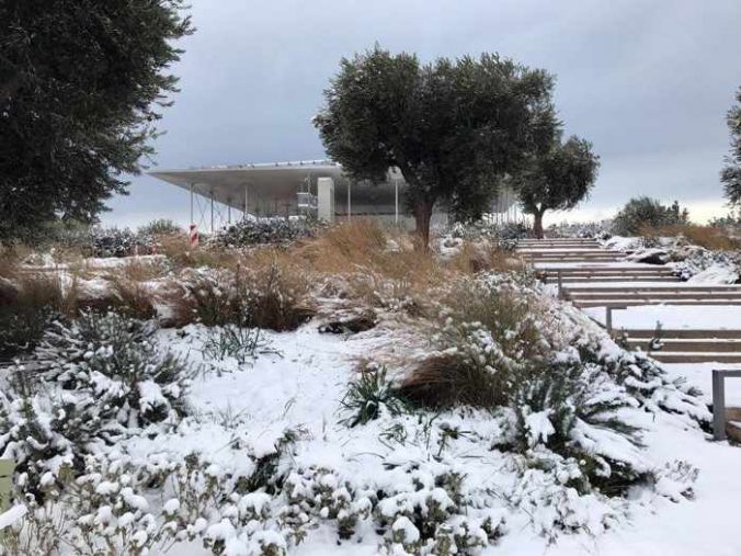 Snow at the Stavros Niarchos Foundation Cultural Centre in Athens
