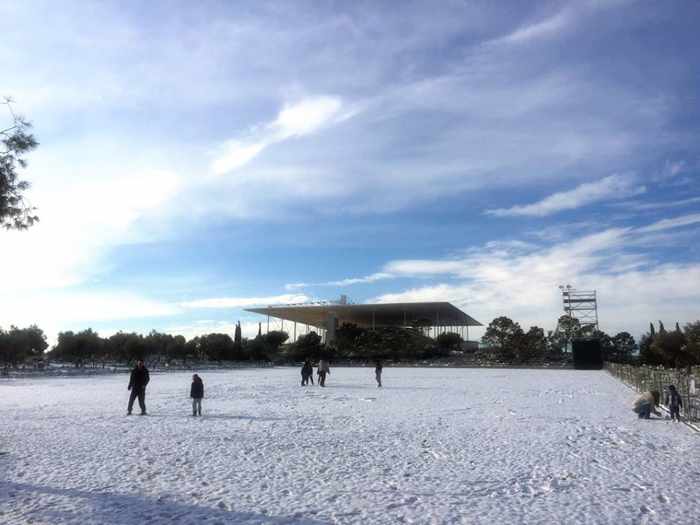 Snow at the Stavros Niarchos Foundation Cultural Centre in Athens 
