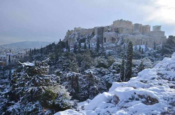 Snow in Central Athens Greece