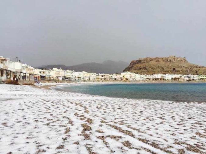 Snow on Charaki beach on Rhodes