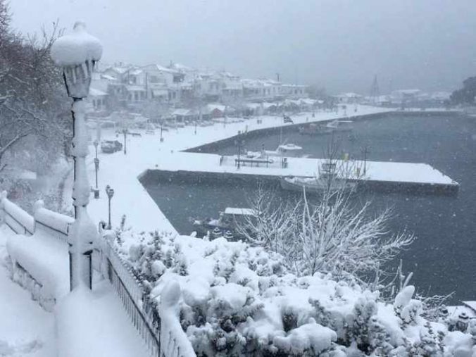 Snow on the Skiathos Town waterfront