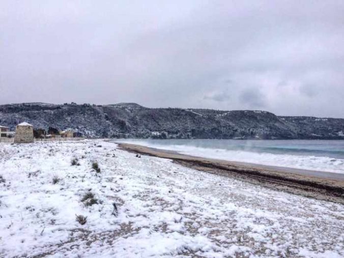snow on a beach on Lefkada island
