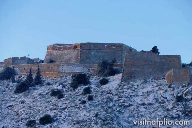 Snow at Palamidi fortress in Nafplio