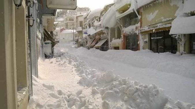 Snow on a street in Kymi on Evia island