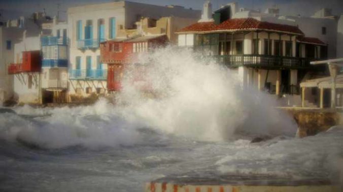 Little Venice Mykonos during January storm