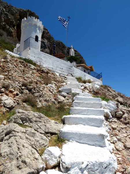 Greece, Peloponnese, Karathona, path, trail, coast, church path, Agios Nikolaos Church, Agios Nikolaos Church at Karathona, steps, stairs, coast, hill, 