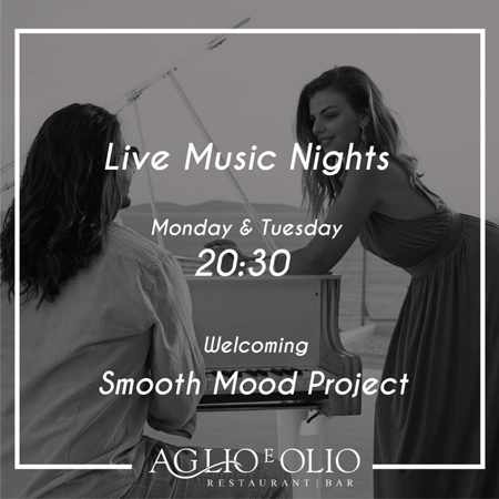 Advertisement for live music nights at Aglio e Olio Restaurant in Mykonos during summer 2019