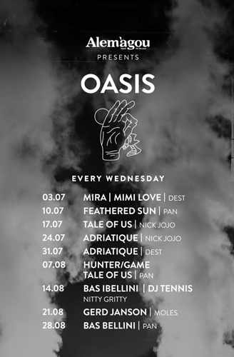 Promotional image for the Wednesday Oasis music series at Alegamou Mykonos during July and August 2019