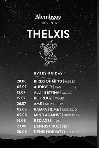 Promotional image for the Friday Thelxis music events at Alemagou Mykonos during summer 2019