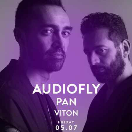 Promotional image for the Alemagou Mykonos beach party featuring DJs Audiofly Pan and Viton on July 5