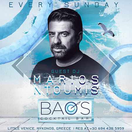 Promotional ad for the weekly Sunday Experience Parties at Baos Cocktail Bar Mykonos