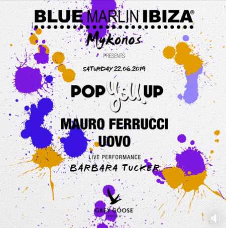 Promotional image for the Blue Marlin Ibiza Mykonos Pop U Up party June 22