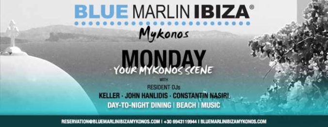 Promotional image for Monday June 17 DJ lineup at Blue Marlin Ibiza Mykonos beach club