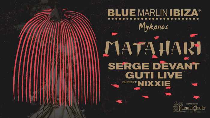 Promotional image for the Blue Marlin Ibiza Mykonos Matahari event with Serge Devant and Guti on June 25