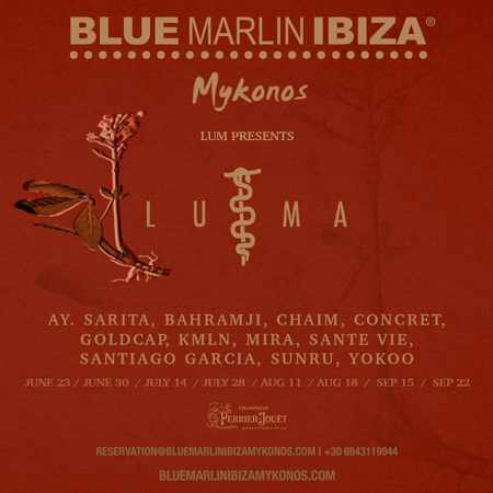 Promotional image for the Luma series of music events at Blue Marlin Ibiza club on Mykonos during summer 2019