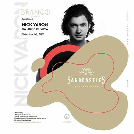 Promotional ad for the Branco Mykonos SandCastles party with Nick Varon on July 20