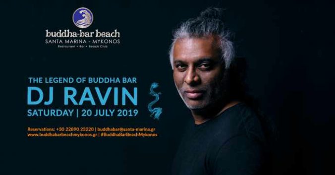 Promotional ad for DJ Ravin show at Buddha-bar Beach Mykonos on July 20