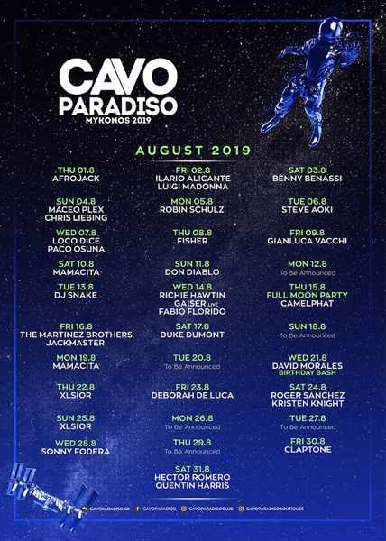 Cavo Paradiso Mykonos DJ party schedule for August 2019