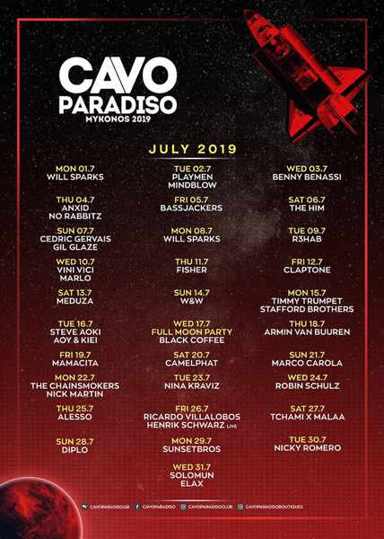 Cavo Paradiso Mykonos DJ party schedule for July 2019