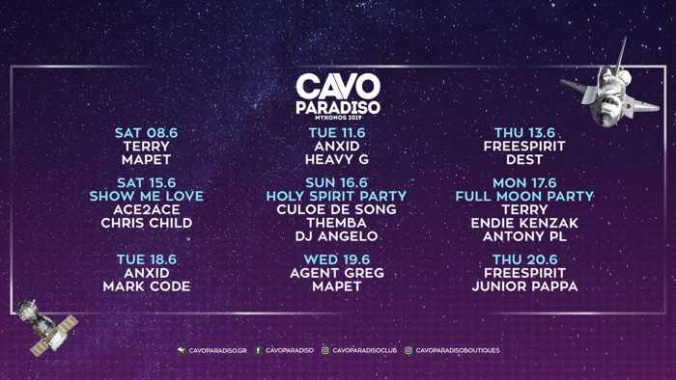 Promotional ad listing events taking place at Cavo Paradiso Mykonos nightclub in early June 2019