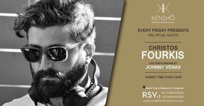 Promotional ad for DJ Christos Fourkis shows at Kensho Psarou on Mykonos during summer 2019