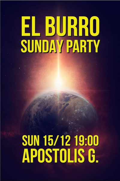 Promotional image for the December 15 Sunday Party at El Burro Mykonos