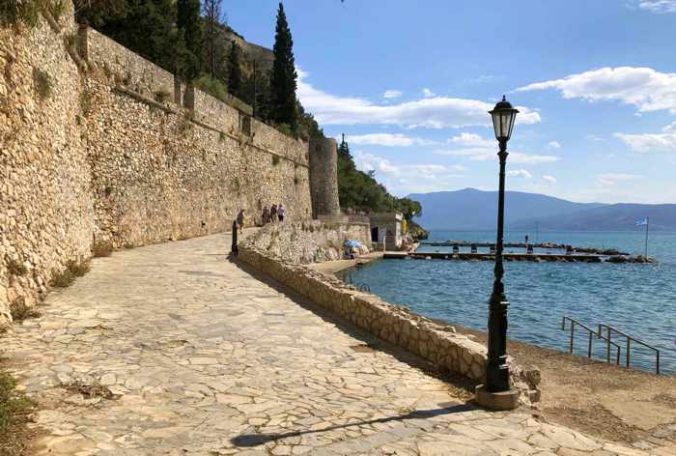 Greece, Peloponnese, Argolida, Nafplio, Arvanitia promenade, fortress wall, walkway, seaside, coast