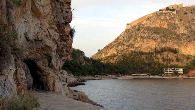 Greece, Peloponnese, Argolida, Nafplio, Arvanitia, Palamidi castle, castle, fortress, walkway, promenade, path, seaside,