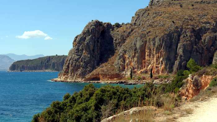 Greece, Peloponnese, Argolida, Argolic Gulf, Nafplio, Karathona, coast, cliffs, landscape, mountain, seaside,
