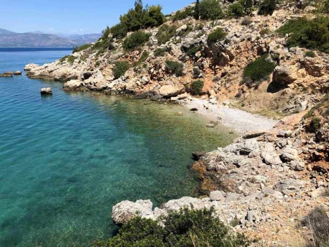 Greece, Peloponnese, Argolida, Argolic Gulf, Nafplio, coast, seaside, cliffs, cove, bay, beach, Karathona, shore,