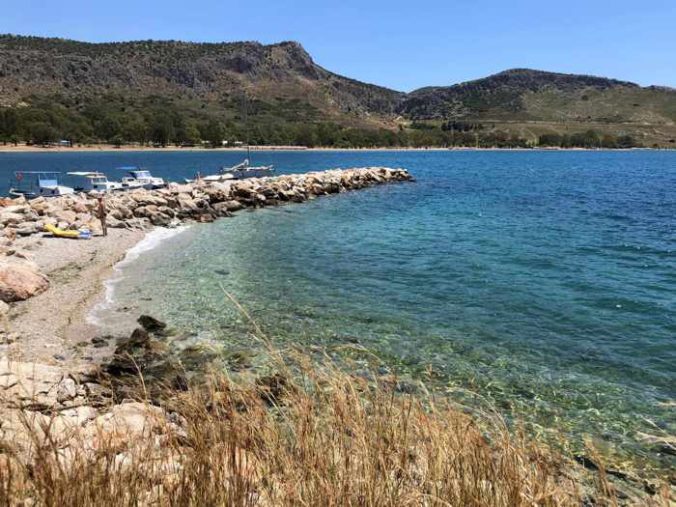 Greece, Peloponnese, Nafplio, Karathona, Karathona Bay, breakwater, jetty, coast, shore, beach, seaside, water, Argolic Gulf