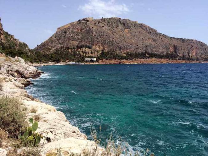 Greece, Peloponnese, Argolida, Argolic Gulf, Nafplio, Arvanitia promenade, path, walkway, cliff, Acronauplia peninsula