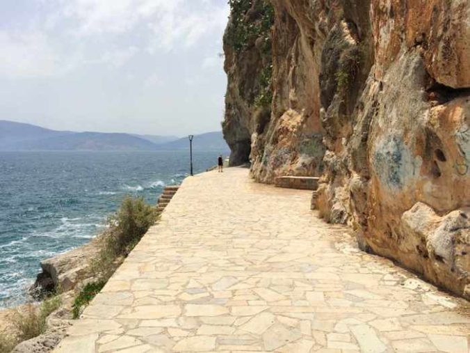 Greece, Peloponnese, Argolida, Argolic Gulf, Nafplio, Arvanitia promenade, path, walkway, cliff, Acronauplia peninsula