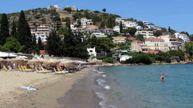 Greece, Greek island, Saronic island, Poros, Poros Greece, Poros island, beach, Kanali beach, Kanali beach Poros, sand, water, mountains,