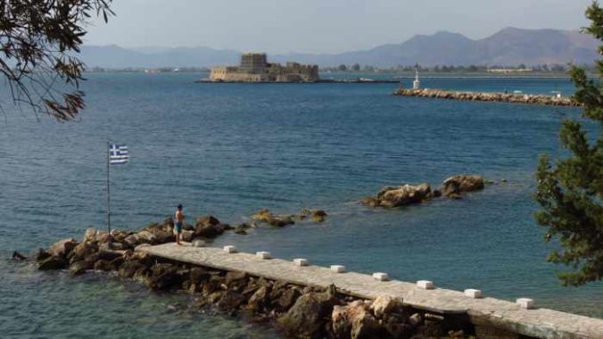 Greece, Peloponnese, Argolis, Nafplio,Bourtzi castle, castle, fortress, bay, sea, Banieres, coast,