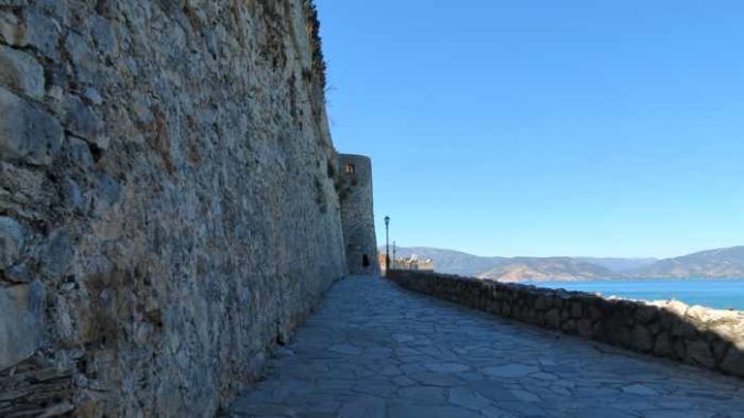 Greece, Peloponnese, Argolida, Naplio, Arvanitia promenade, walkway, wall, fortress wall, castle wall, Acronauplia,