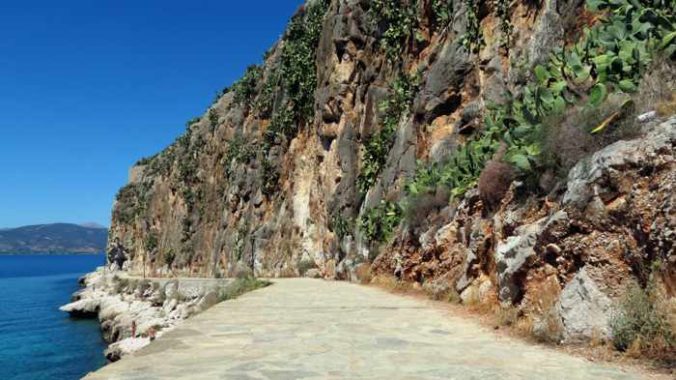 Greece, Peloponnese, Argolida, Nafplio, Arvanitia promenade, path, walkway, coast, cliffs, Acronauplia peninsula