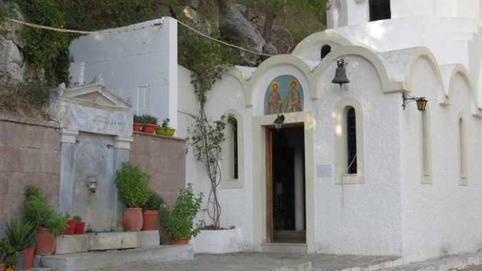 Greece, Greek island, Saronic island, Poros, Poros island, Poros Greece, spring, water spring, church, Orthodox church, building,