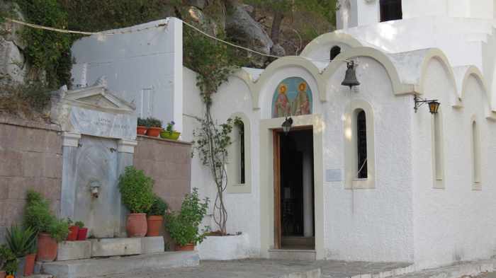 Greece, Greek island, Saronic island, Poros, Poros island, Poros Greece, spring, water spring, church, Orthodox church, building, 