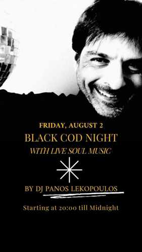 Promotional image advertising the Black Cod Night at Kivotos hotel on Mykonos